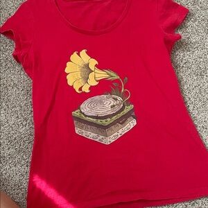 Red Graphic T-Shirt with Yellow Flower Design. Off the shoulder